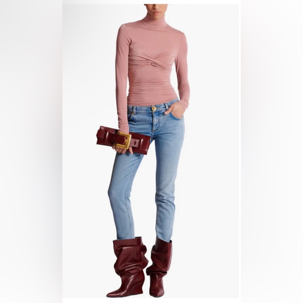 Balmain Pleated Long-Sleeved Jersey Top